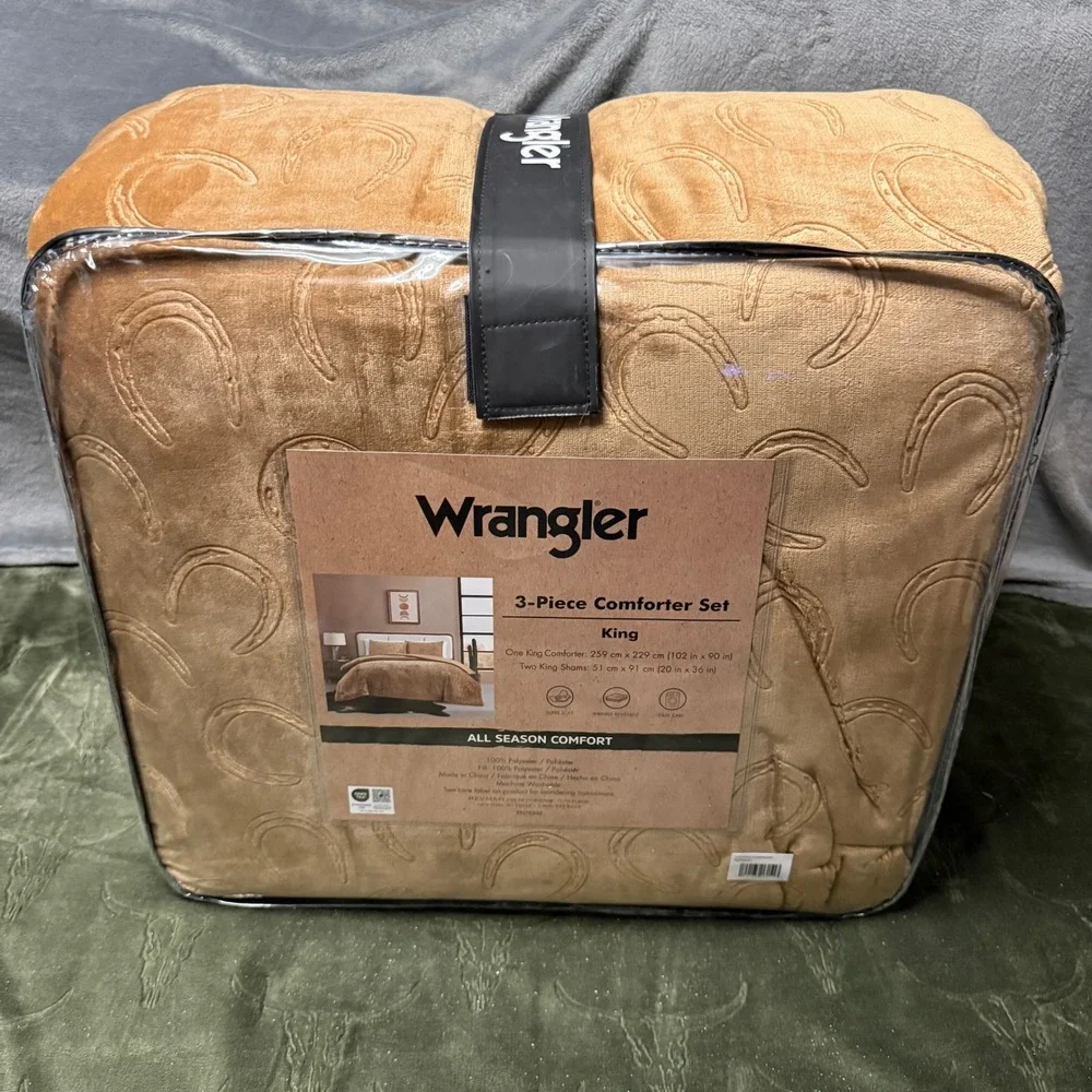 Wrangler Comforter Set King Tan NEW Plush Horseshoe Western